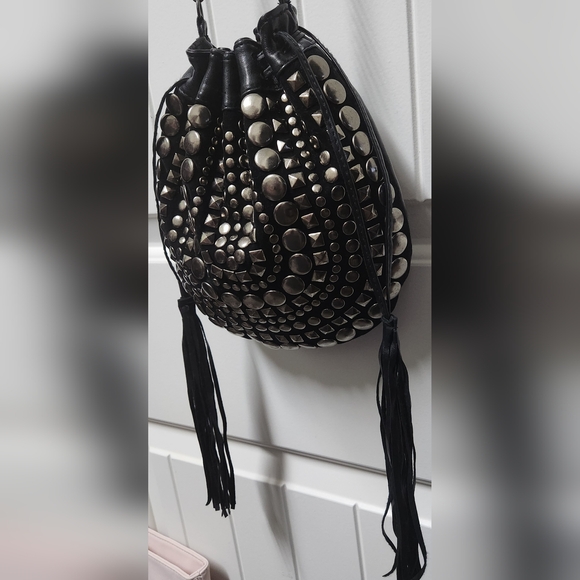 FOREVER 22 Black Vegan Leather Stud Drawstring Crossbody Bag - Picture 4 of 13